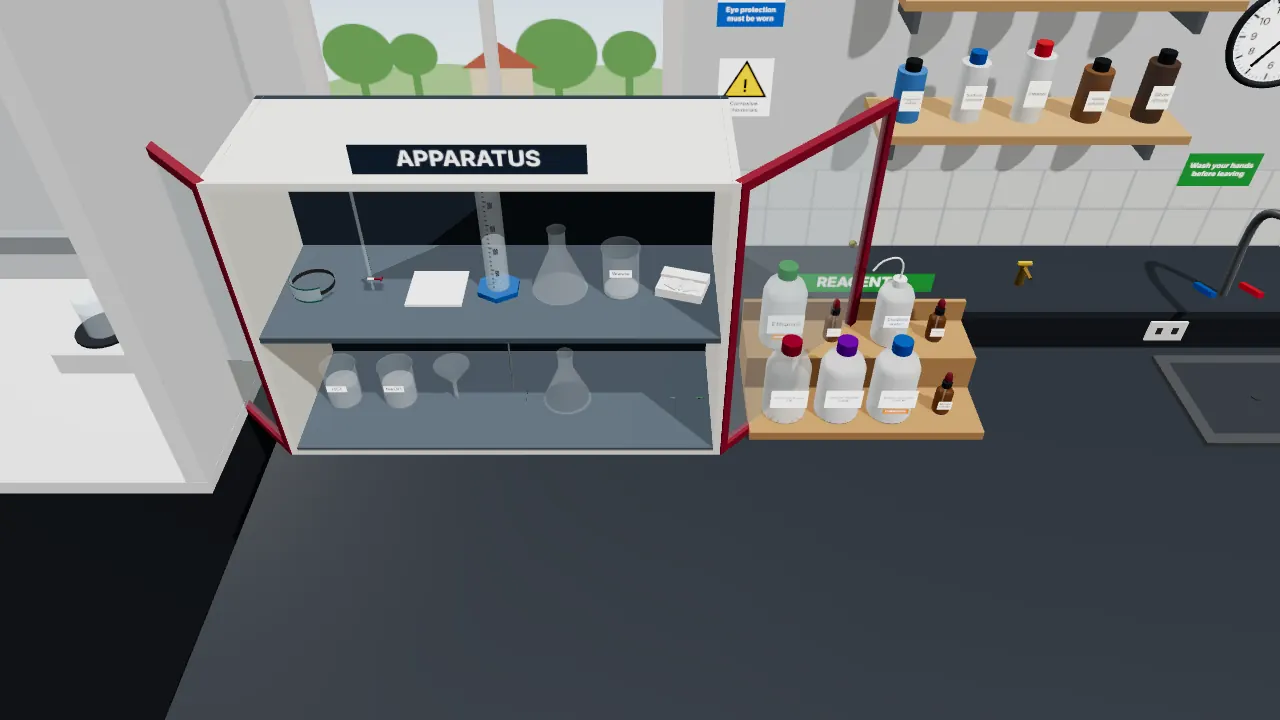The apparatus cupboard and reagent rack in the Smartious Virtual Lab: students fetch only what the practical needs