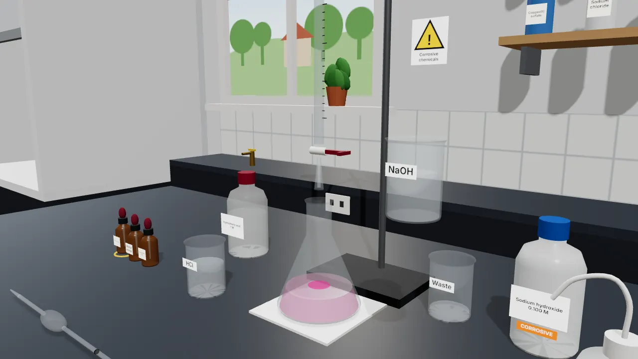 Smartious Virtual Lab: a 3D acid–base titration at the end point, the conical flask turning pink under the burette